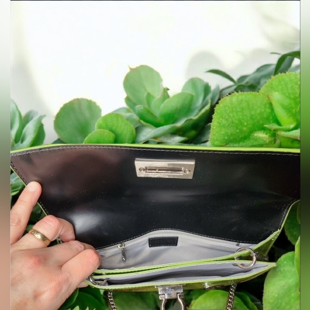 Beijo Lime Green Convertible Clutch And Shoulder Bag In Patent Leather - Picture 6 of 9